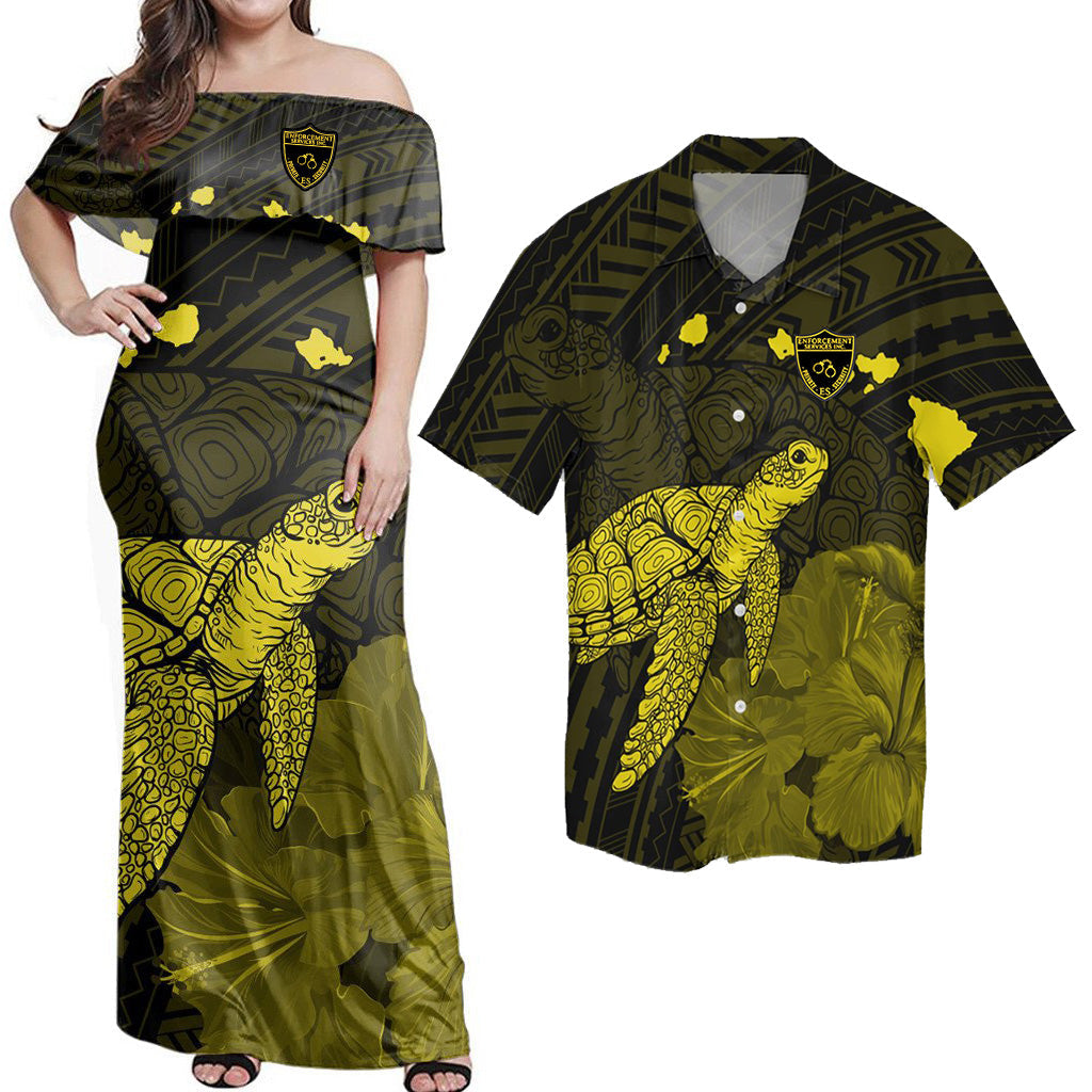 (Private ES Security) Matching Couple Hawaiian Outfits Combo Dress And Shirt Hawaii Polynesian Hibiscus Turtle Map Yellow