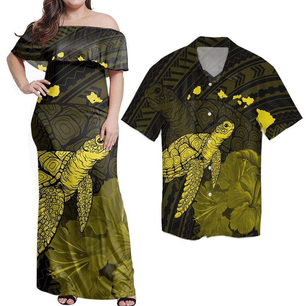 Matching Hawaiian Outfits Combo Dress And Shirt Hawaii Polynesian Hibiscus Turtle Map Yellow