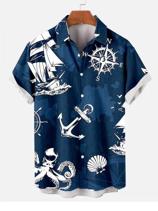 Ocean-Themed Pattern Hawaiian Shirt Tropical Beach Short Sleeve Button Printed Shirt For Him
