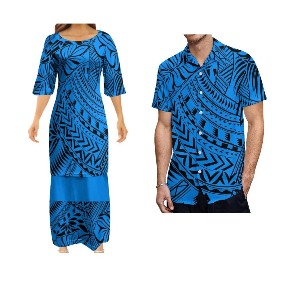 Polynesian Tribal Pattern Printed Blue Matching Outfit Couple Set Women's Dress Men's Shirt