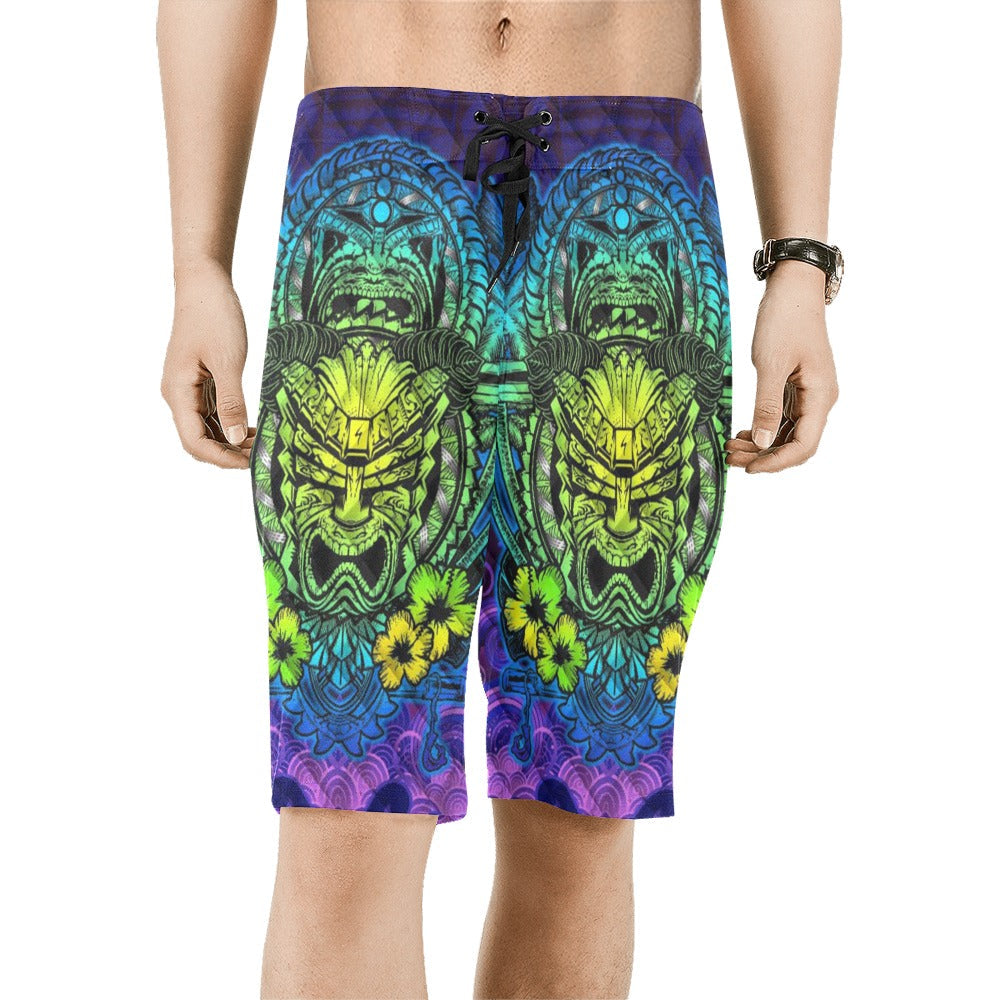 Hawaii Polynesian Board Shorts - Hawaiian Green Yellow Tiki Face Purple Version LT7