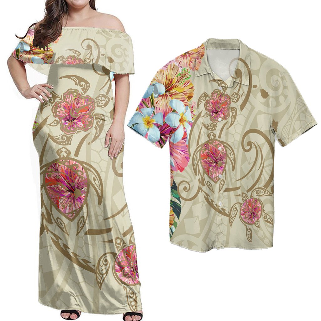 Matching Hawaiian Outfits Combo Dress And Shirt Hawaii Triple Marble Turtle Polynesian Hibiscus Benjamin Style Beige