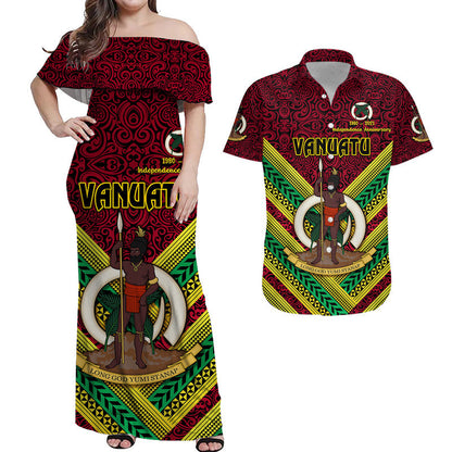 Vanuatu Special Independence Anniversary Combo Dress and Hawaiian Shirt Matching Couples Outfit Creative Style Red