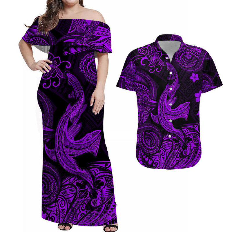 Hawaii Angry Shark Polynesian Combo Dress and Hawaiian Shirt Matching Couples Outfit Unique Style Purple