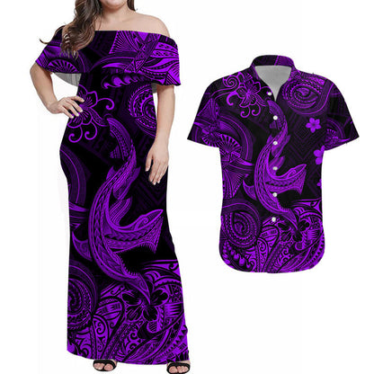 Hawaii Angry Shark Polynesian Combo Dress and Hawaiian Shirt Matching Couples Outfit Unique Style Purple