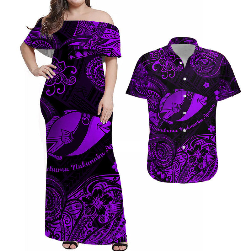 Hawaii State Fish: Humuhumu Nukunuku Apuaa Polynesian Combo Dress and Hawaiian Shirt Matching Couples Outfit Unique Style Purple