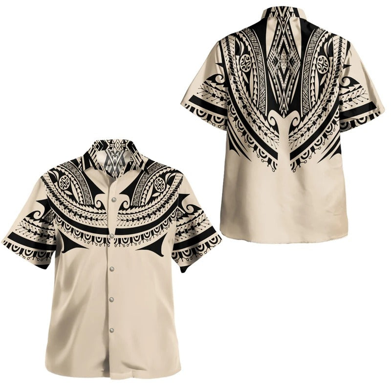 Island Polynesian Tribal Pattern Printed Short Sleeves Summer Hawaiian Shirt