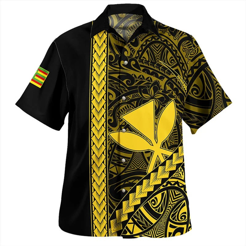 Kanaka Maoli Polynesian Tribal Yellow Shirt Hawaii Island Short Sleeves Summer Hawaiian Shirt