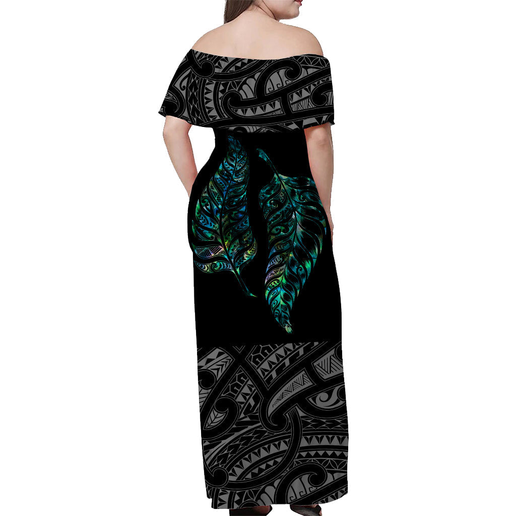 New Zealand Maori Off Shoulder Long Dress Aotearoa Mix Silver Fern Ver.03