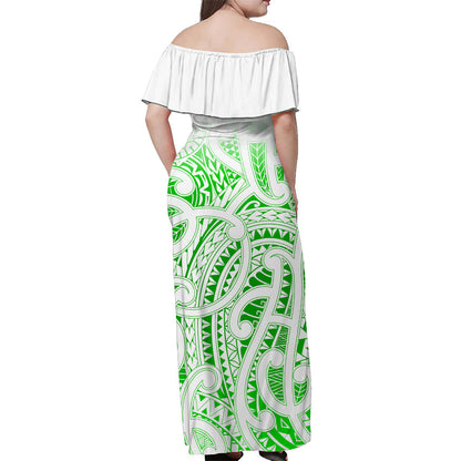 Custom Personalised New Zealand Off Shoulder Long Dress NZ Maori Green