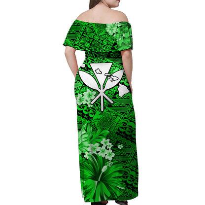 Custom Personalised Hawaii Off Shoulder Long Dress Map and Turtle Green Flowers