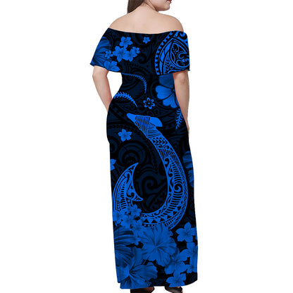 Hawaii Off Shoulder Long Dress Polynesia Blue Fish Hook