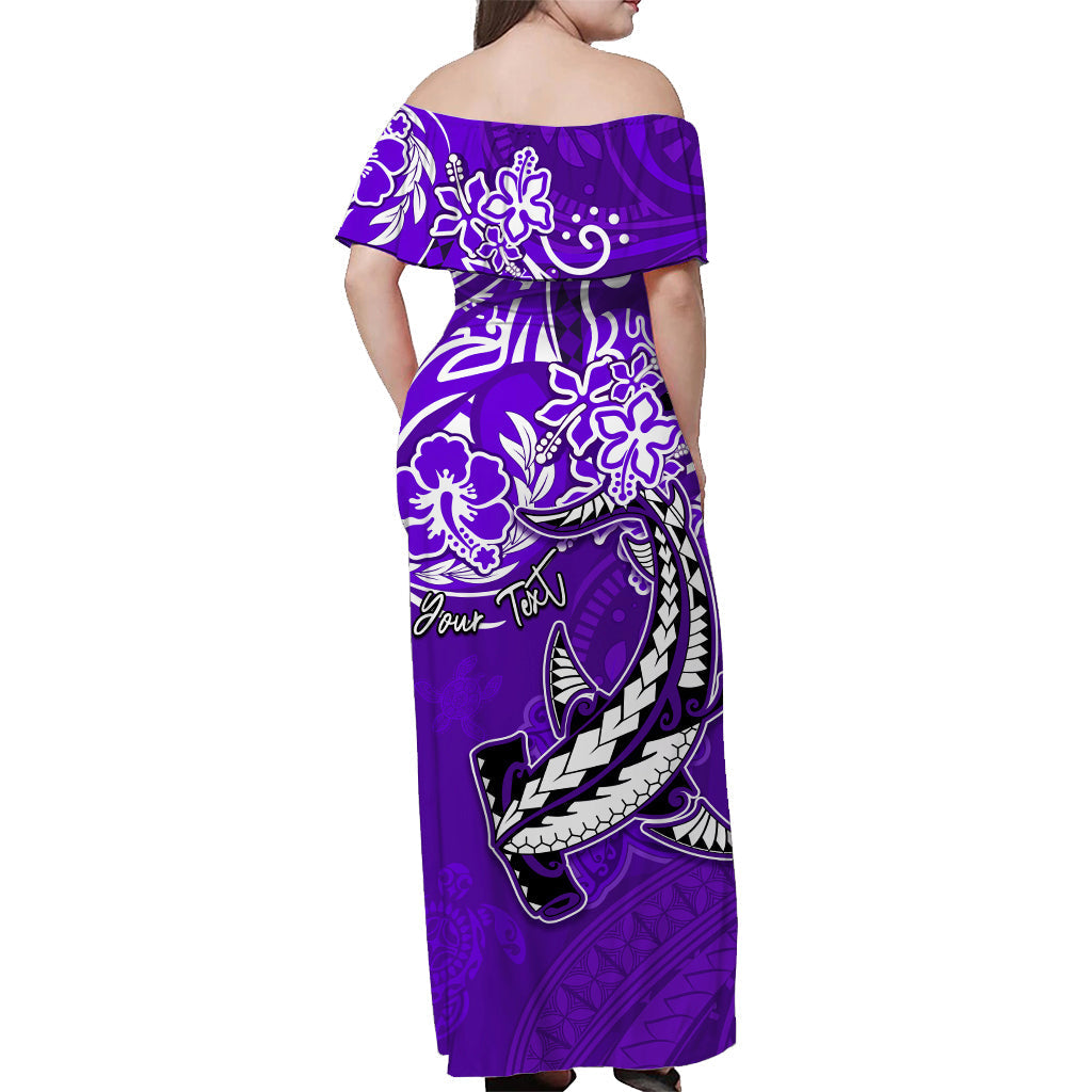 Custom Personalised Hawaii Off Shoulder Long Dress Polynesia Purple Sea Turtle Honu and Hammerhead Shark
