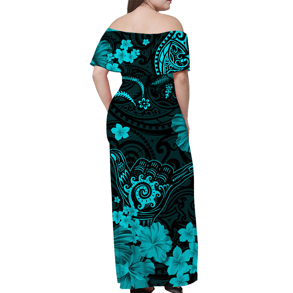 Hawaii Off Shoulder Long Dress Polynesia Turquoise Cool Shaka Sign