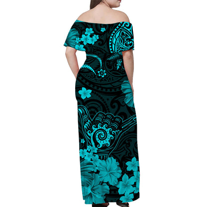 Hawaii Off Shoulder Long Dress Polynesia Turquoise Cool Shaka Sign