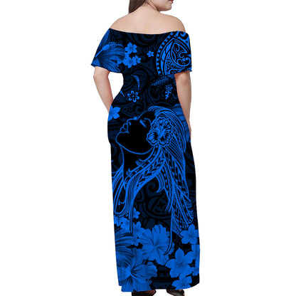 Hawaii Off Shoulder Long Dress Polynesia Blue Beautiful Hula Girl
