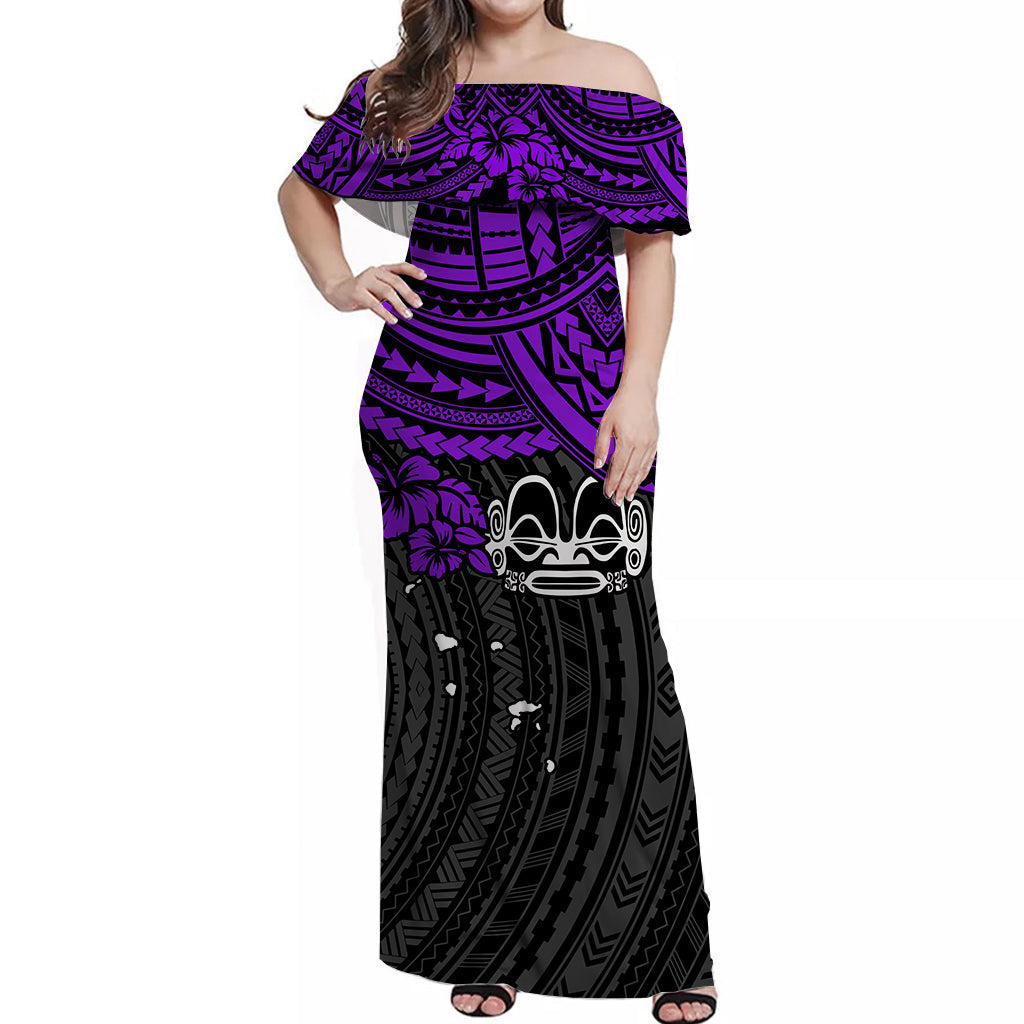 Marquesas Islands Off Shoulder Long Dress Purple Polynesia Pattern Mix Tiki