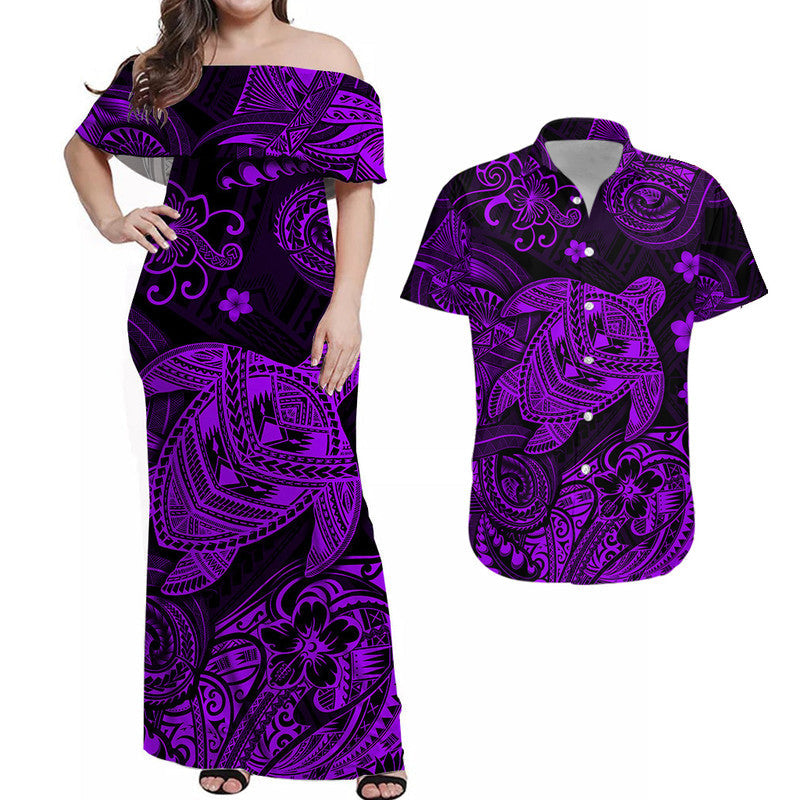 Hawaii Turtle Polynesian Combo Dress and Hawaiian Shirt Matching Couples Outfit Plumeria Flower Unique Style Purple