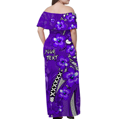 Custom Personalised Hawaii Off Shoulder Long Dress Polynesia Purple Hibiscus and Map Mystical