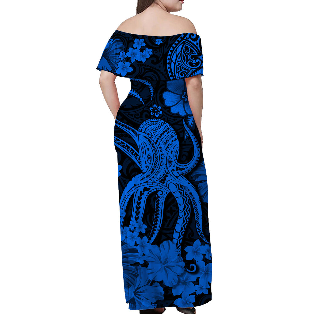 Hawaii Off Shoulder Long Dress Polynesia Blue Octopus