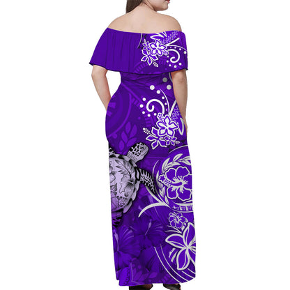 Custom Personalised Hawaii Off Shoulder Long Dress Polynesia Purple Sea Turtle Honu and Hibiscus