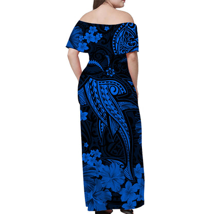 Hawaii Off Shoulder Long Dress Polynesia Blue Shark