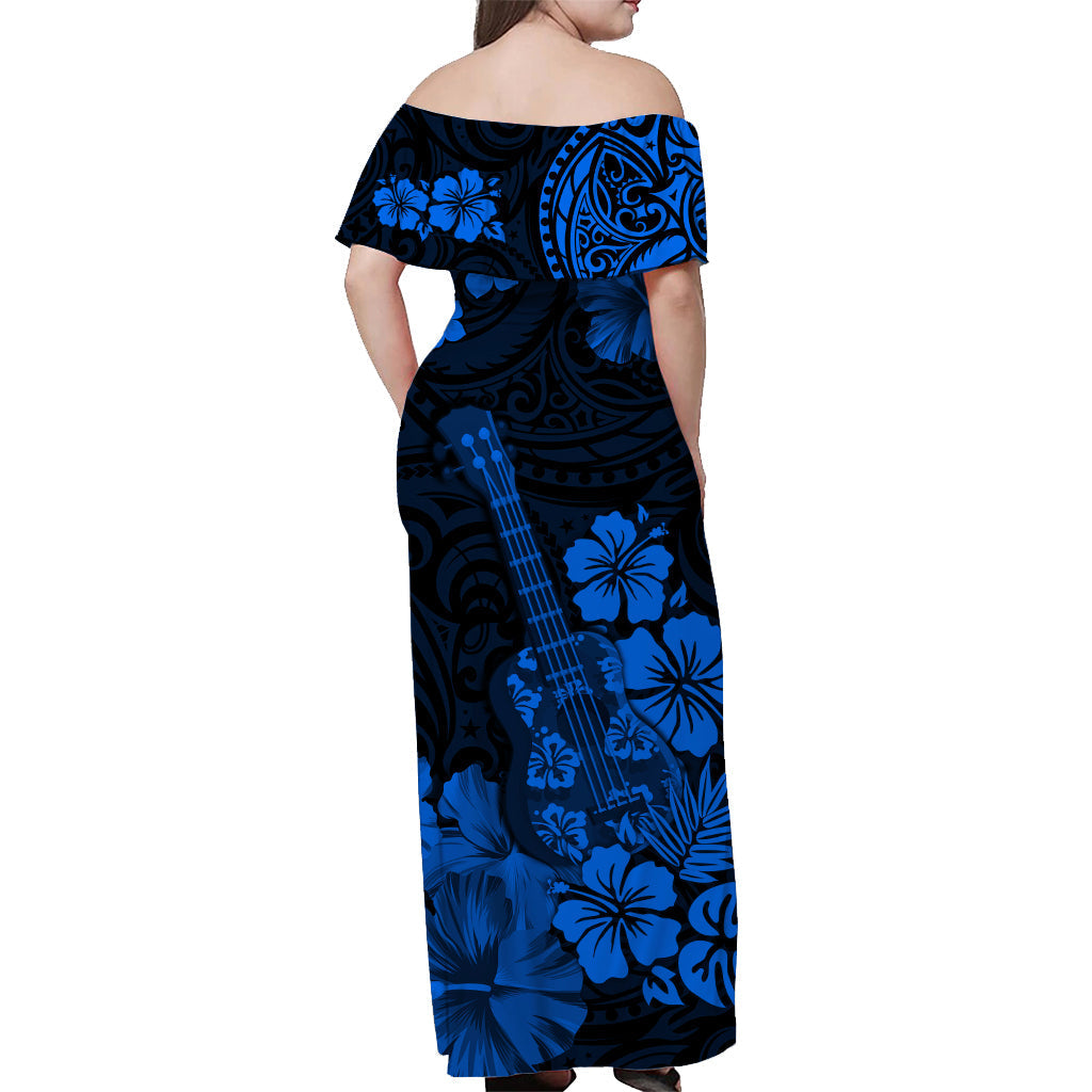 Hawaii Off Shoulder Long Dress Polynesia Blue Ukulele Flowers