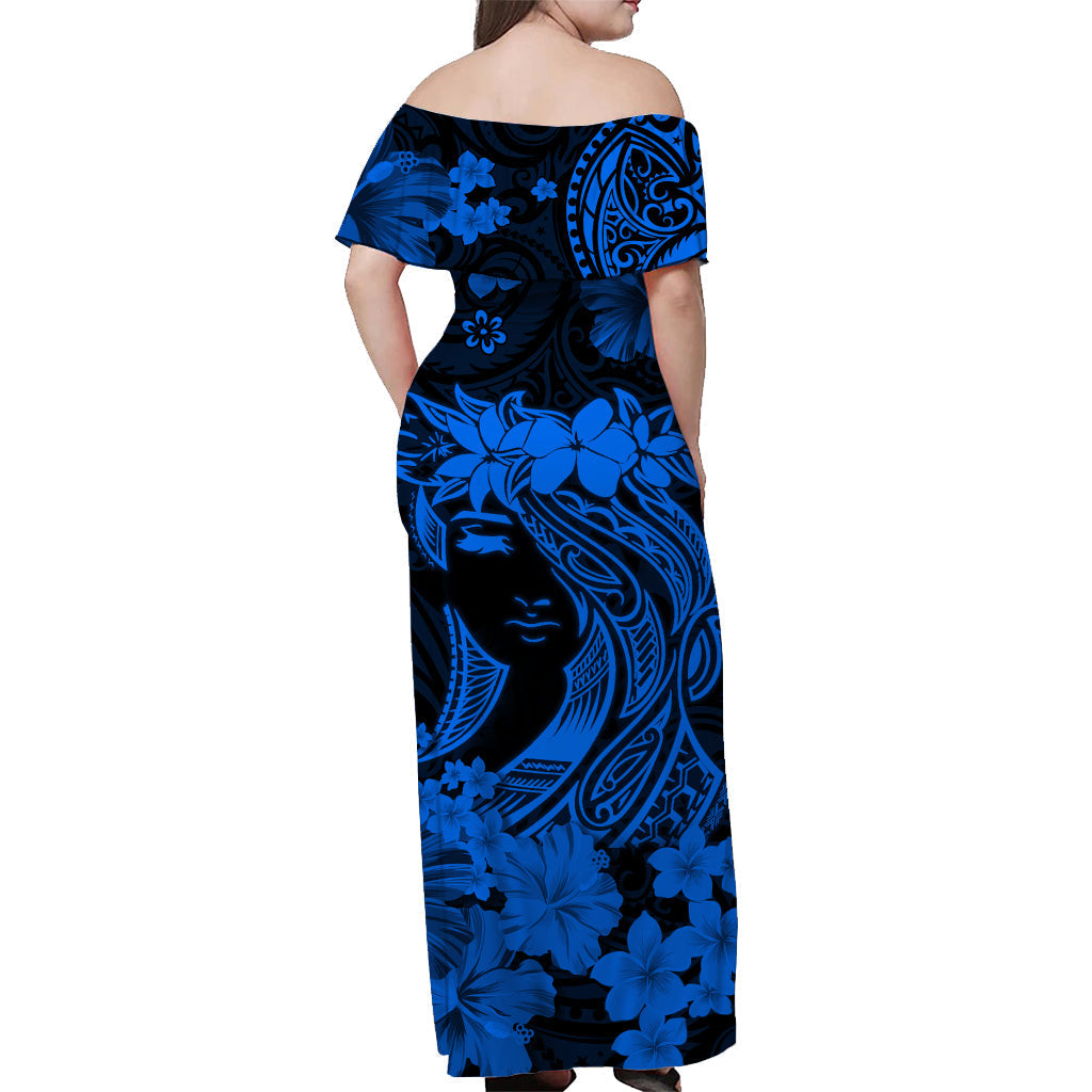 Hawaii Off Shoulder Long Dress Polynesia Blue Attractive Hula Girl