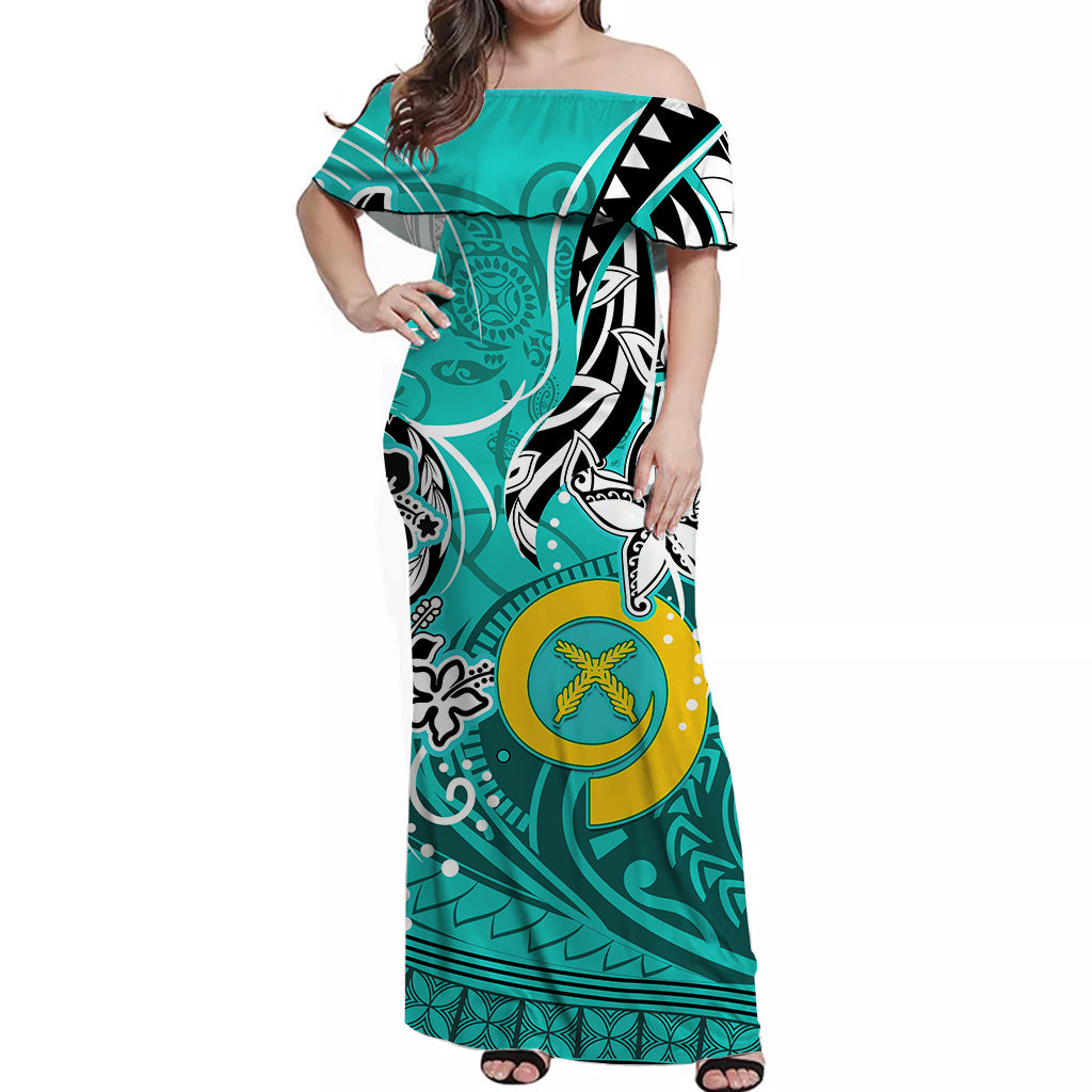 Vanuatu Color Off Shoulder Long Dress Pig Tusk Version Turquoise