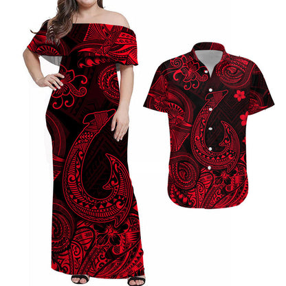 Hawaii Fish Hook Polynesian Combo Dress and Hawaiian Shirt Matching Couples Outfit Unique Style Red