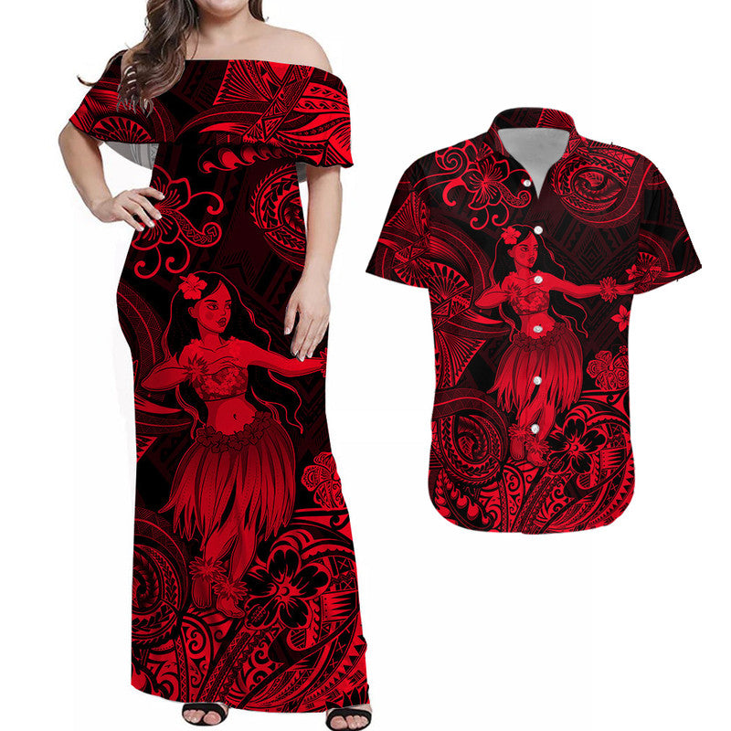 Hawaii Hula Girl Polynesian Combo Dress and Hawaiian Shirt Matching Couples Outfit Unique Style Red