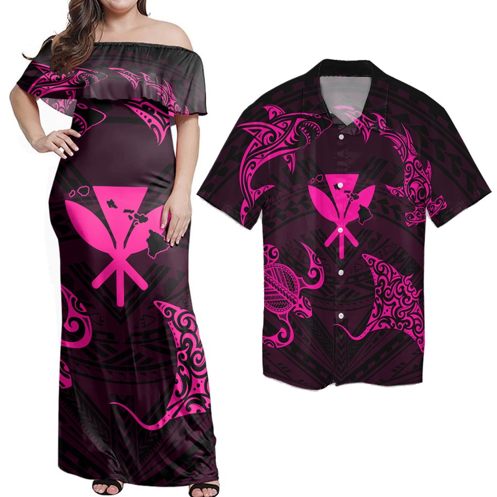Hawaii Couple Outfits Polynesian Turtle Hammerhead Shark Ray Kanaka Hawaii Circle Pink