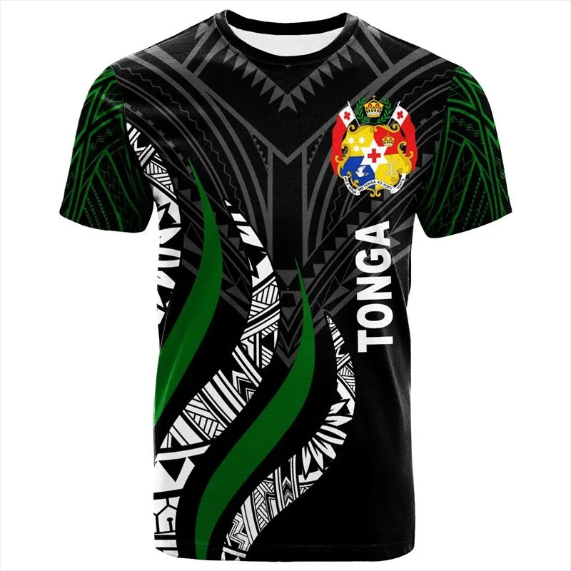 Tonga T Shirts Polynesia Unisex Tonga Coat Of Arms Green Curve Style Shirt Round Neck Short Sleeves Tops