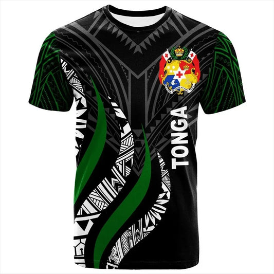 Tonga T Shirts Polynesia Unisex Tonga Coat Of Arms Green Curve Style Shirt Round Neck Short Sleeves Tops