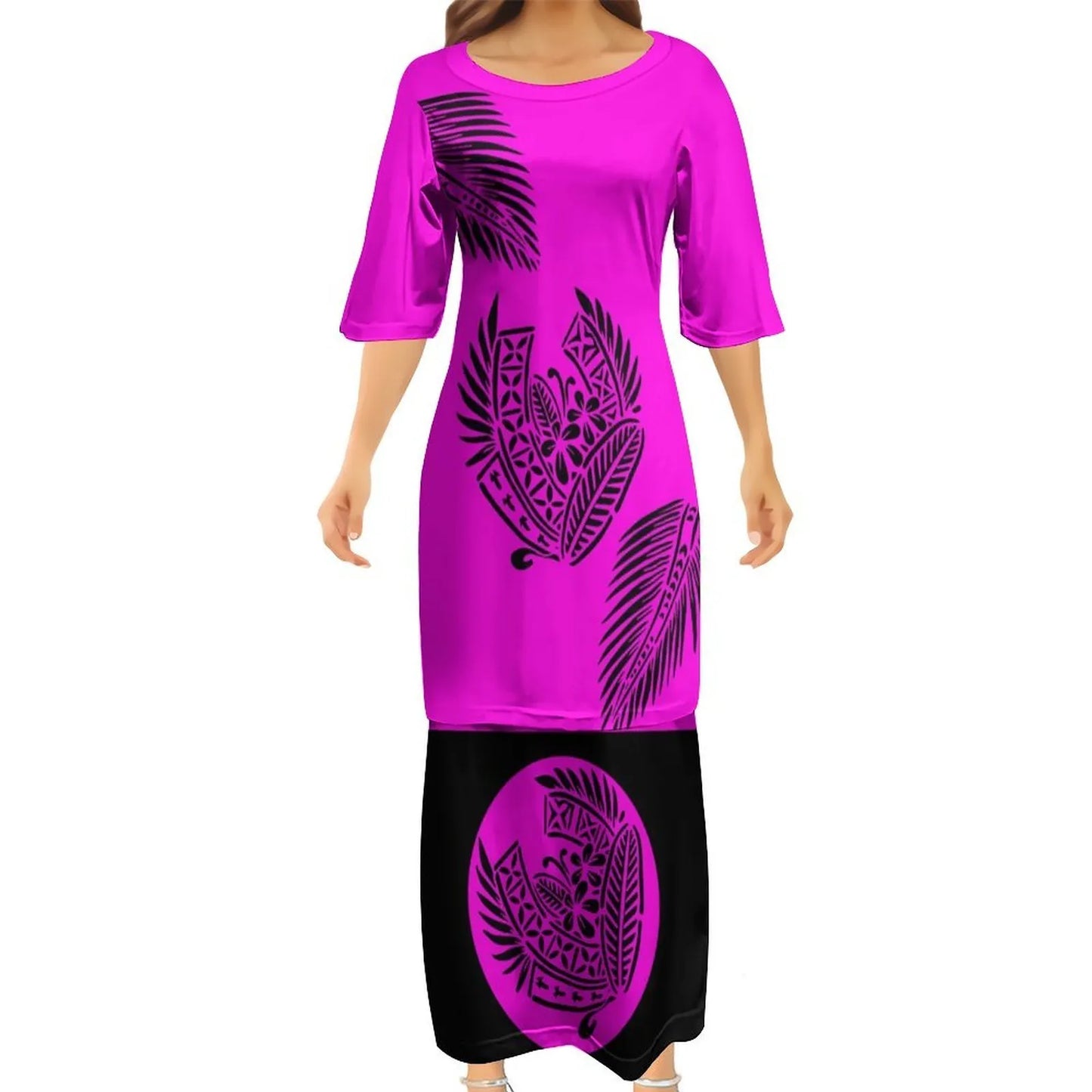 Pink Tropical Polynesian Traditional Tribal Couple Set Puletasi Dress Two-Piece Suit With Men's Shirt Blue Matching Outfit For Couple
