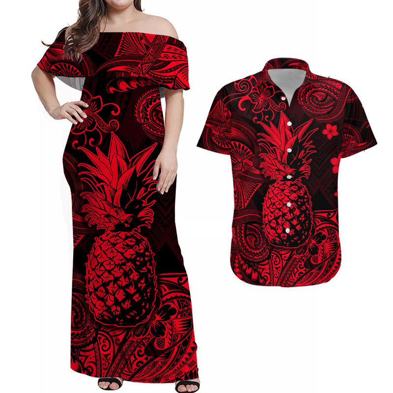Matching Hawaiian Outfits Hawaii Pineapple Polynesian Combo Dress and Hawaiian Shirt Matching Couples Outfit Unique Style Red