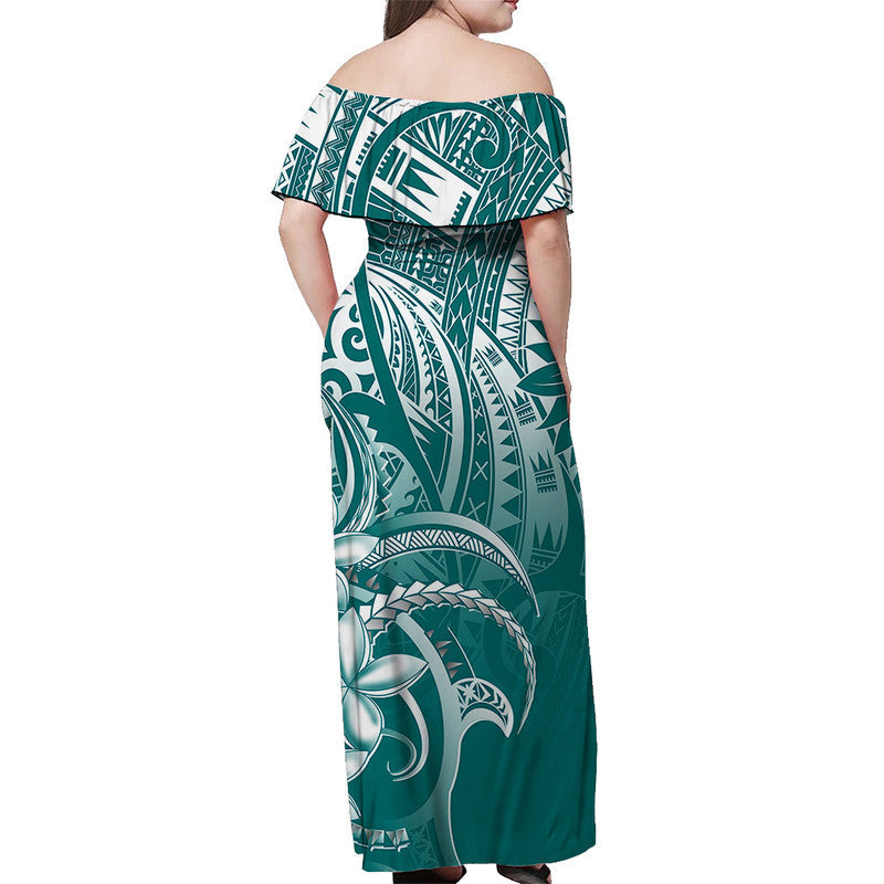 Polynesian Pride Off Shoulder Long Dress Polynesia Tribal Royal Turquoise