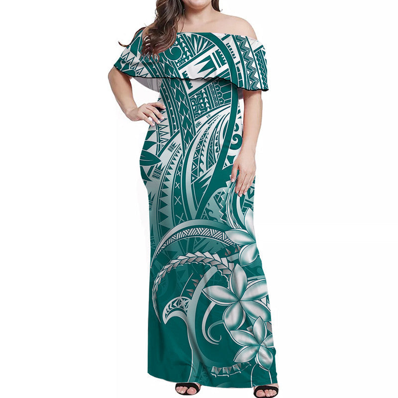 Polynesian Pride Off Shoulder Long Dress Polynesia Tribal Royal Turquoise