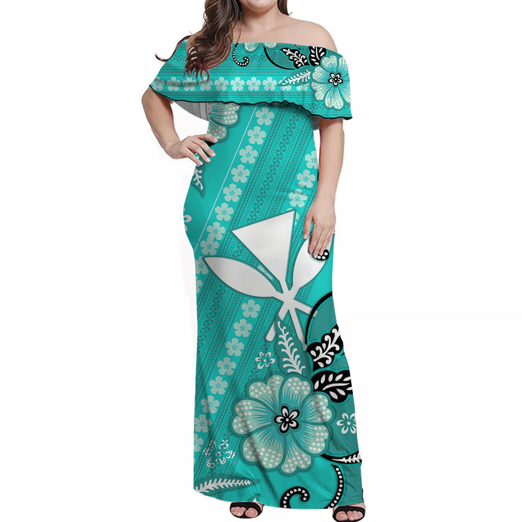 Hawaiian Matching Outfits For Couples Hawaii Combo Dress and Hawaiian Shirt Kakau Tribal Turquoise Batik Floral Ver.01