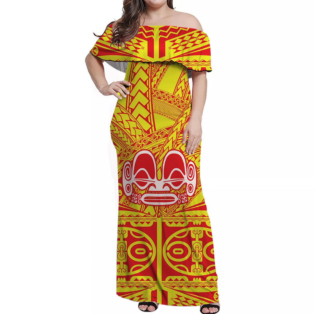 Marquesas Islands Off Shoulder Long Dress Tiki Style Yellow