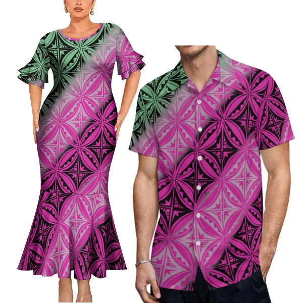 Tropical Pattern Polynesian Tribal Geometric Pink Outfit For Couple Fishtail Skirt Dress And Hawaiian Shirt