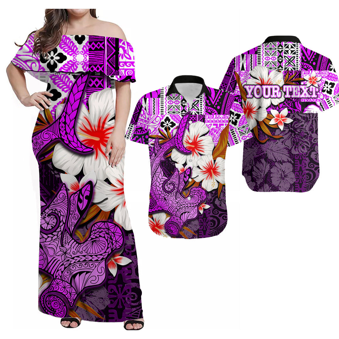 (Custom Personalised) Hammerhead Shark Hawaii Hibiscus Flowers Matching Outfit For Couple Combo Dress And Shirt Hawaii Style No.5