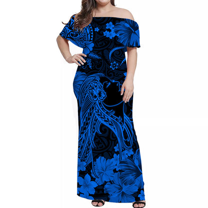 Hawaii Off Shoulder Long Dress Polynesia Blue Beautiful Hula Girl