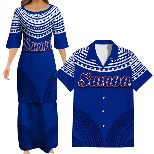 Samoa Couple Outfit Matching Polynesian Tribal Pattern Blue Dress And Hawaiian Shirt