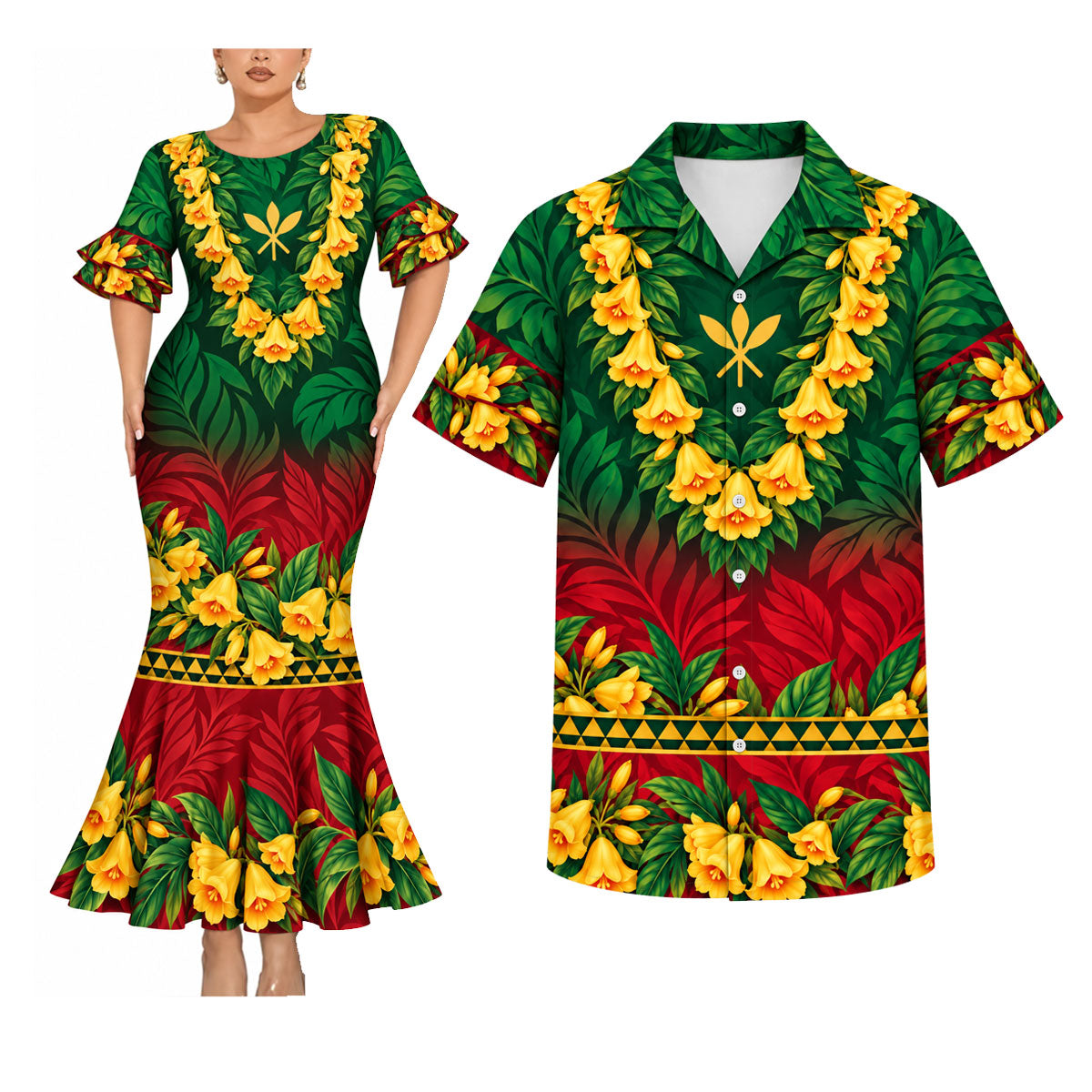 Kanaka Maoli Lei Flower Polynesian Tribal Pattern Couple Matching Outfit