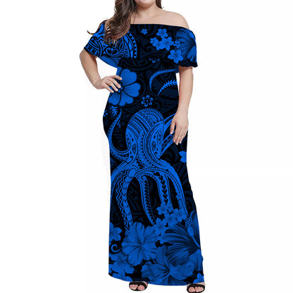 Hawaii Off Shoulder Long Dress Polynesia Blue Octopus