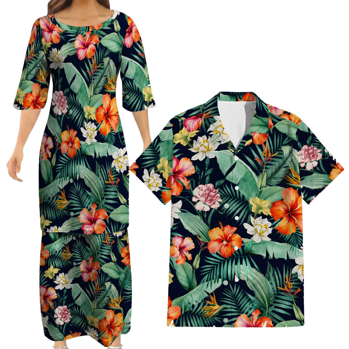 Vintage Polynesian Hibiscus Flowers Tropical Island Puletasi Dress And Hawaiian Shirt For Her Him