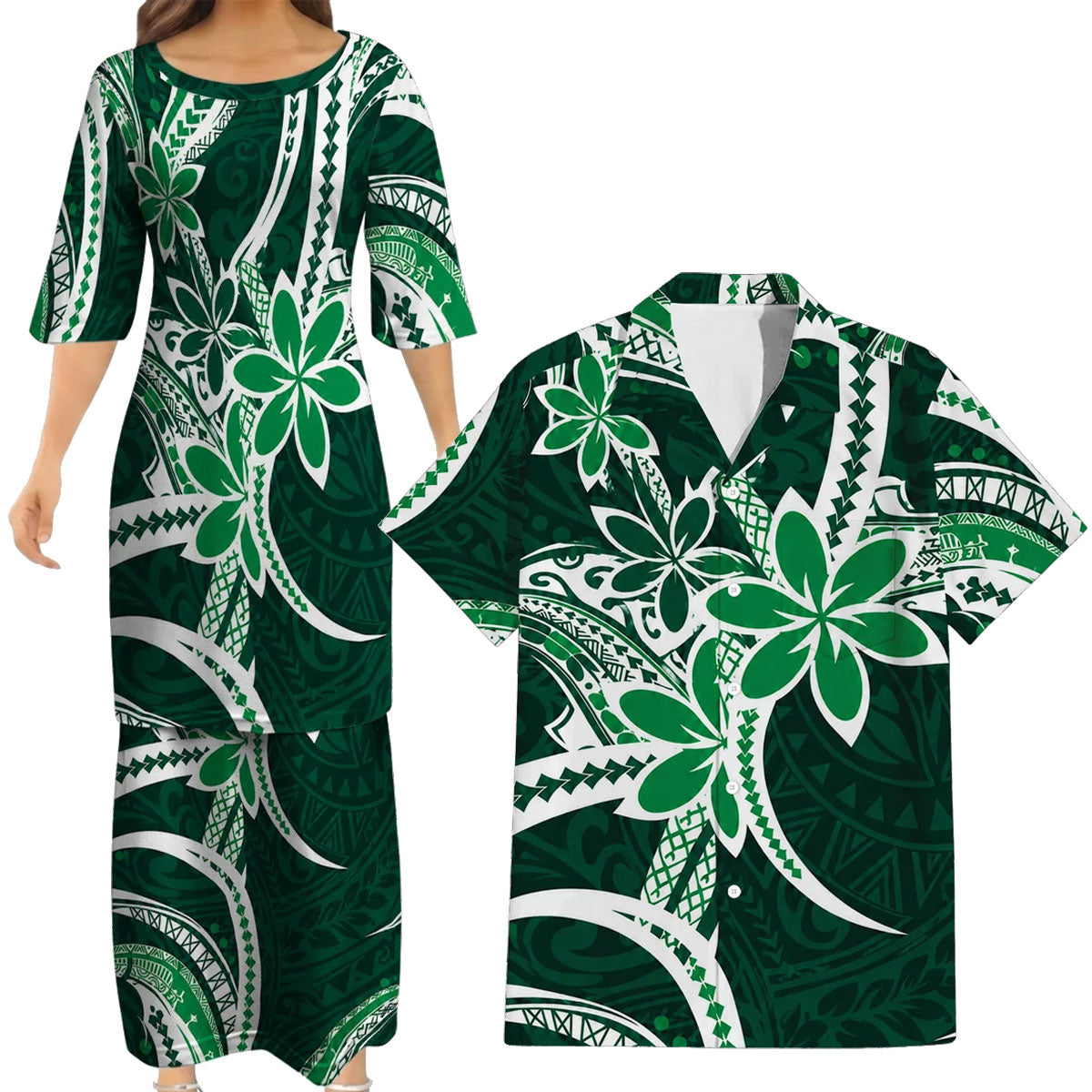 Polynesian Tribal Flowers Pattern Matching Outfit For Couple Island Puletasi Dress And Hawaiian Shirt For Her Him