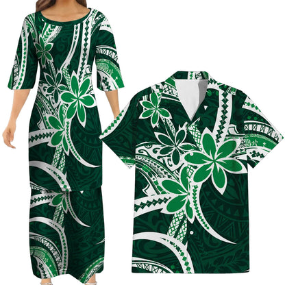 Polynesian Tribal Flowers Pattern Matching Outfit For Couple Island Puletasi Dress And Hawaiian Shirt For Her Him