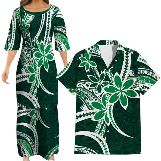 Polynesian Tribal Flowers Pattern Matching Outfit For Couple Island Puletasi Dress And Hawaiian Shirt For Her Him